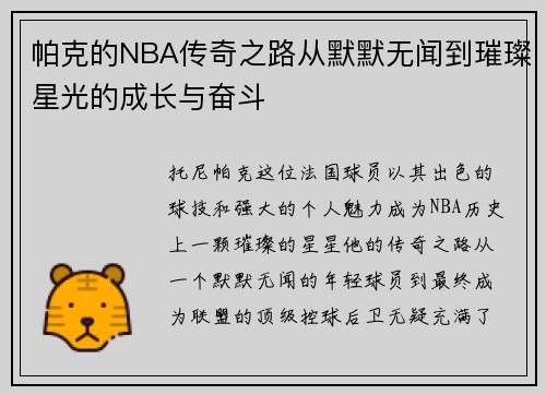 帕克的NBA传奇之路从默默无闻到璀璨星光的成长与奋斗