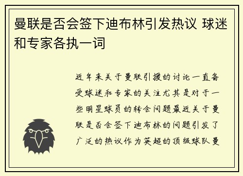 曼联是否会签下迪布林引发热议 球迷和专家各执一词
