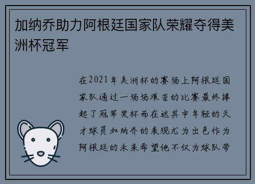加纳乔助力阿根廷国家队荣耀夺得美洲杯冠军 加纳乔助力阿根廷国家队荣耀夺得美洲杯冠军